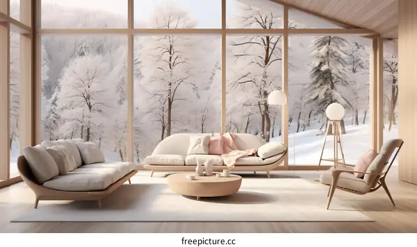 Modern living room interior with large windows and a view of the snowy forest