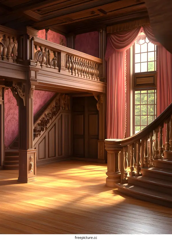 Classic Wooden Staircase In Elegant Mansion