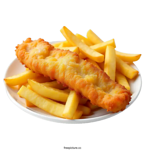 [Transparent Background PNG]Closeup of Fried Fish and Chips on White Plate