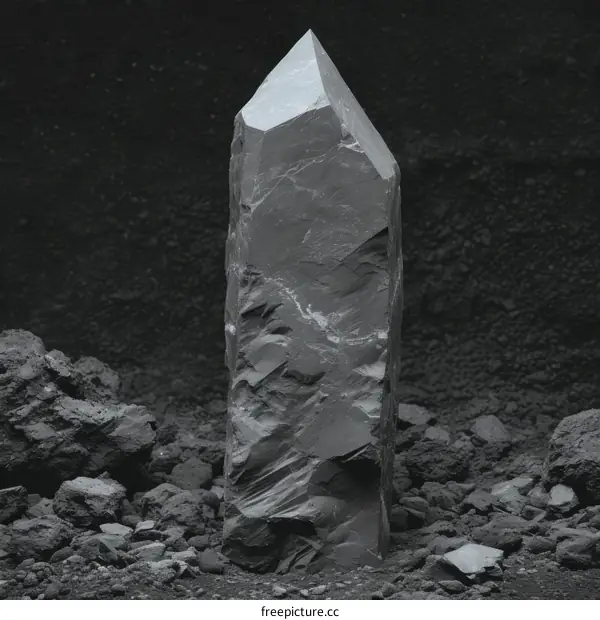 A large, dark obelisk stands in a field of rubble.