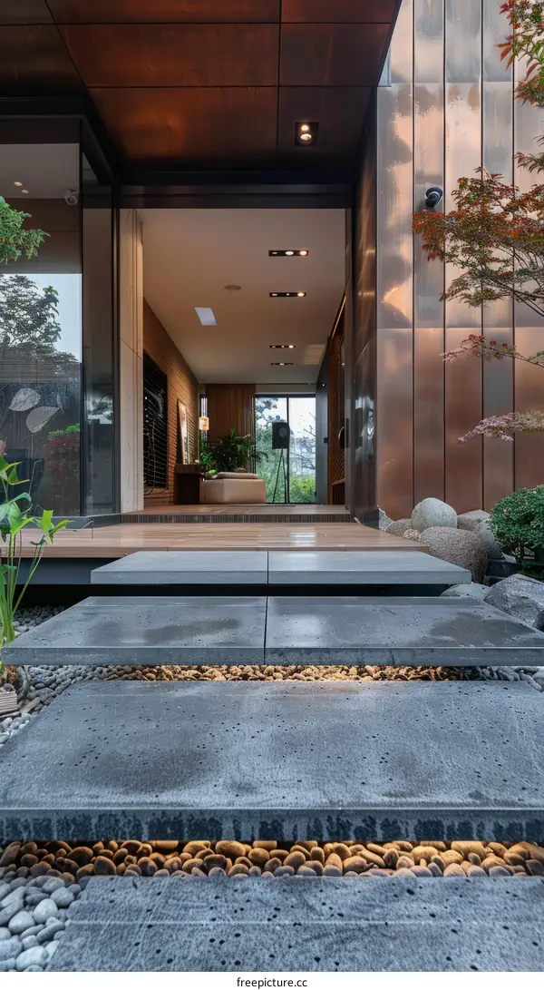 Wooden Entrance to a Modern Japanese House with Stone Stairs