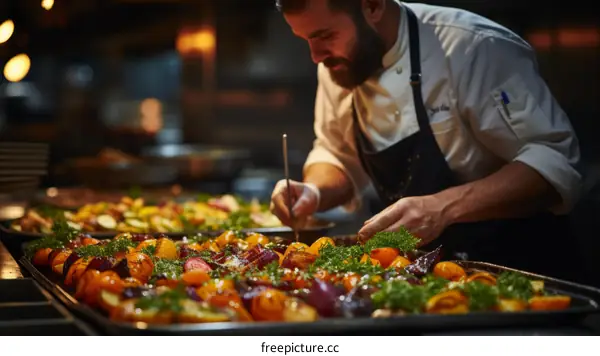 Focused male chef carefully sprinkles herbs over roasted vegetables