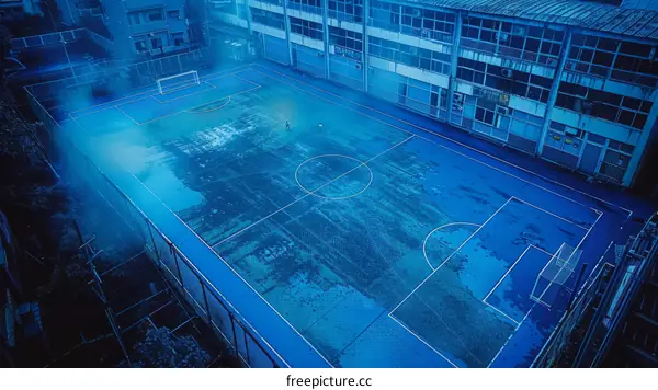 Rainy Day at a Blue Soccer Field