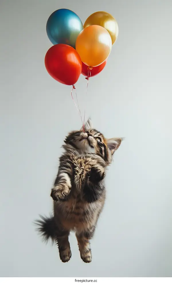 A Kitten Is Floating With Balloons