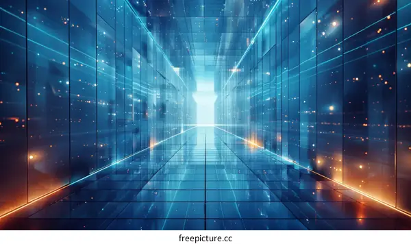 Futuristic technology background with blue glowing lights and shiny reflective floor tiles