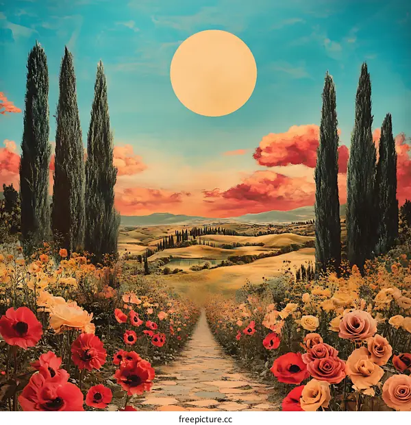 Peaceful Landscape with Flowers and a Path