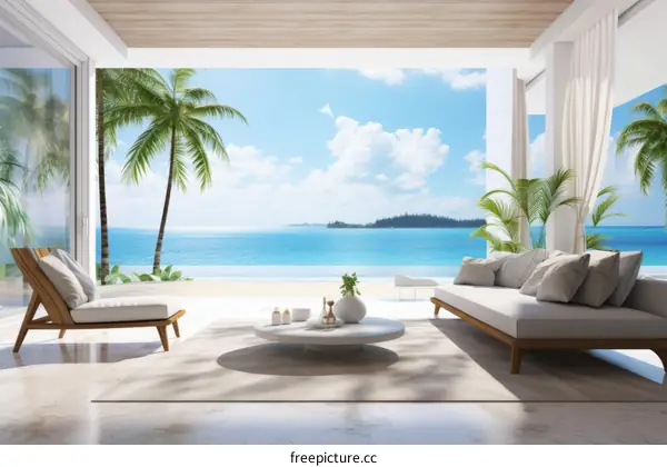 Modern beach house living room with open terrace and amazing sea view