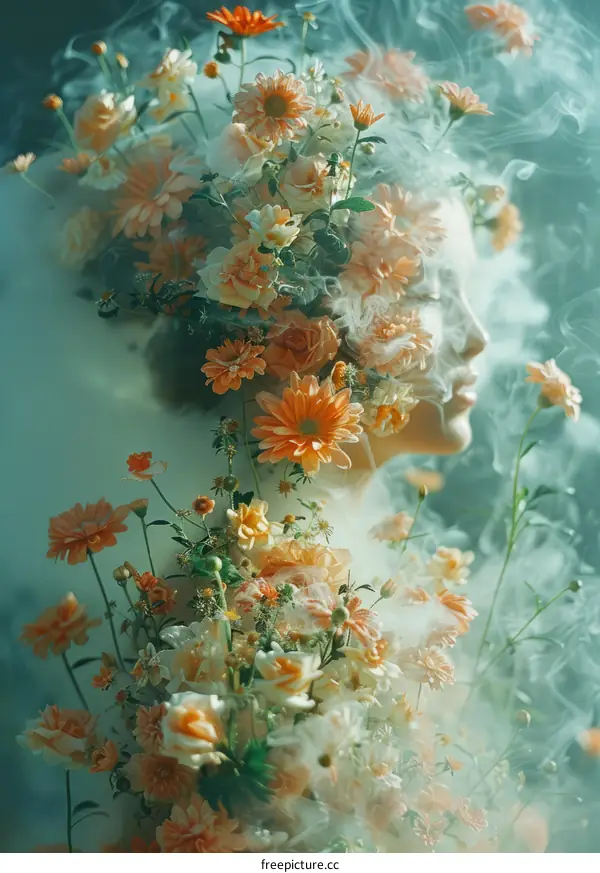 Surreal Dreamlike Portrait: Woman and Flowers in Abstract Colors