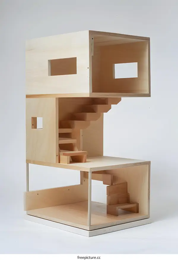 Wooden Model of a Multi Story House With Stairs