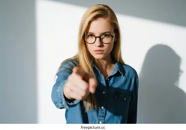 A woman wearing glasses pointing directly at the camera