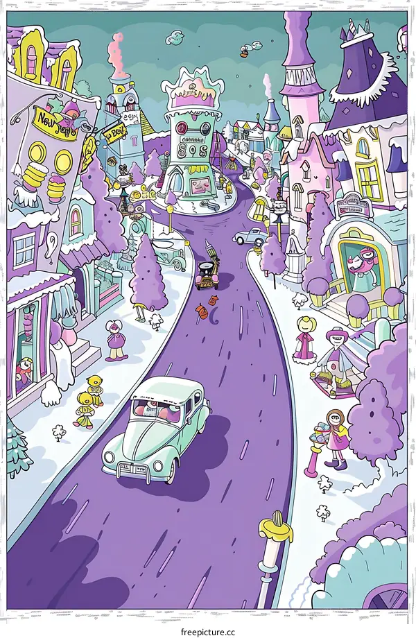 Cartoon Illustration of a Winter Town