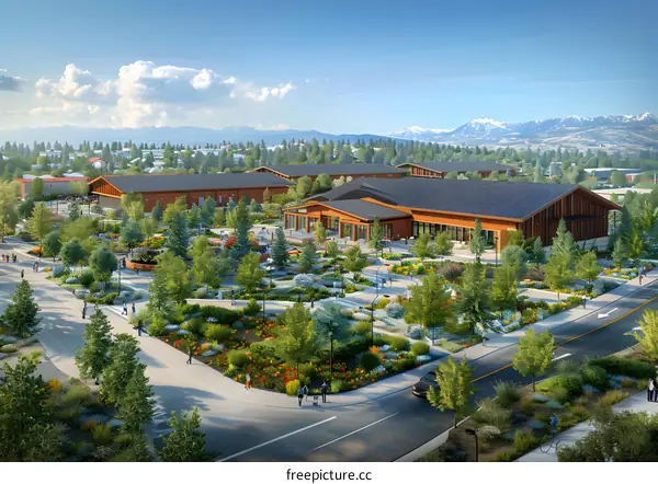 Modern Building With Green Space and Mountains in the Background