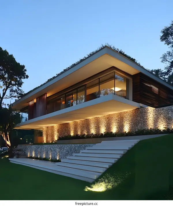 Modern House with Stone Walls and Green Grass Lawn at Night