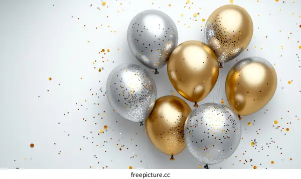 Shiny Gold and Silver Balloons with Confetti