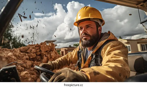 Portrait of a male construction worker wearing a hard hat and safety gear while operating heavy machinery at a construction site
