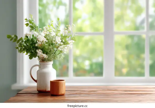 White Flowers in a Vase on a Wooden Table near a Window