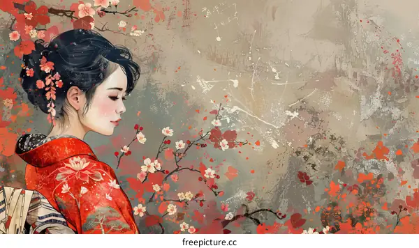 A beautiful Japanese woman in a red kimono standing in a field of cherry blossoms.