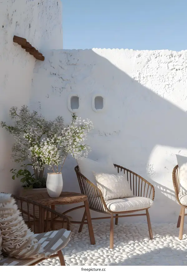 Minimalist White Patio with Rattan Chairs and Flowers