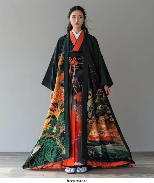 A woman wearing a kimono with a pattern of trees and cranes.