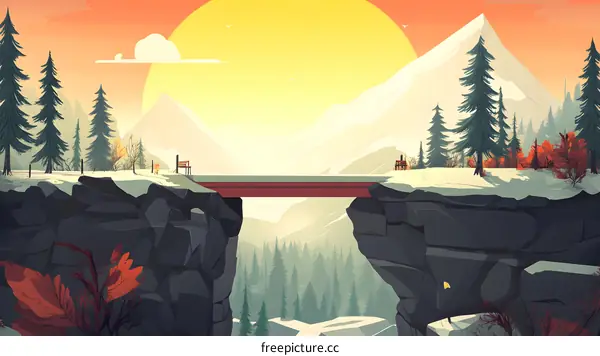 Winter Landscape Illustration with Bridge Over Gorge