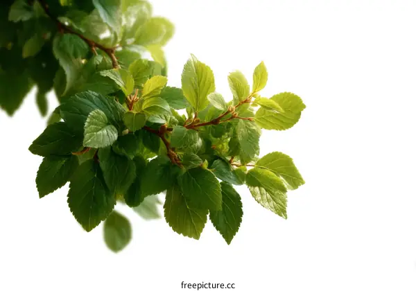 Fresh Green Leaves on a Branch against White Background