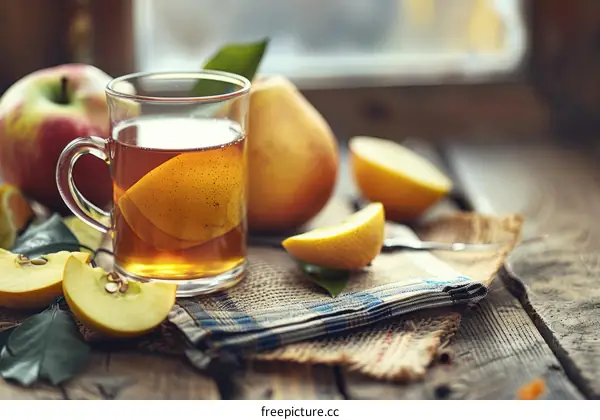 A hot cup of tea with sliced pear and apple on a wooden table