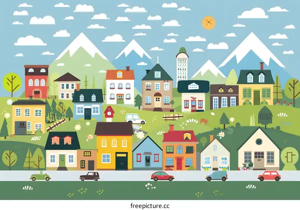 Colorful Illustration of a Cartoon Town with Mountains