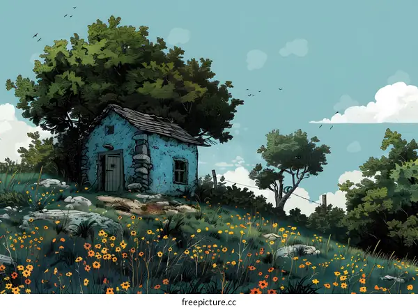 Blue House in the Meadow