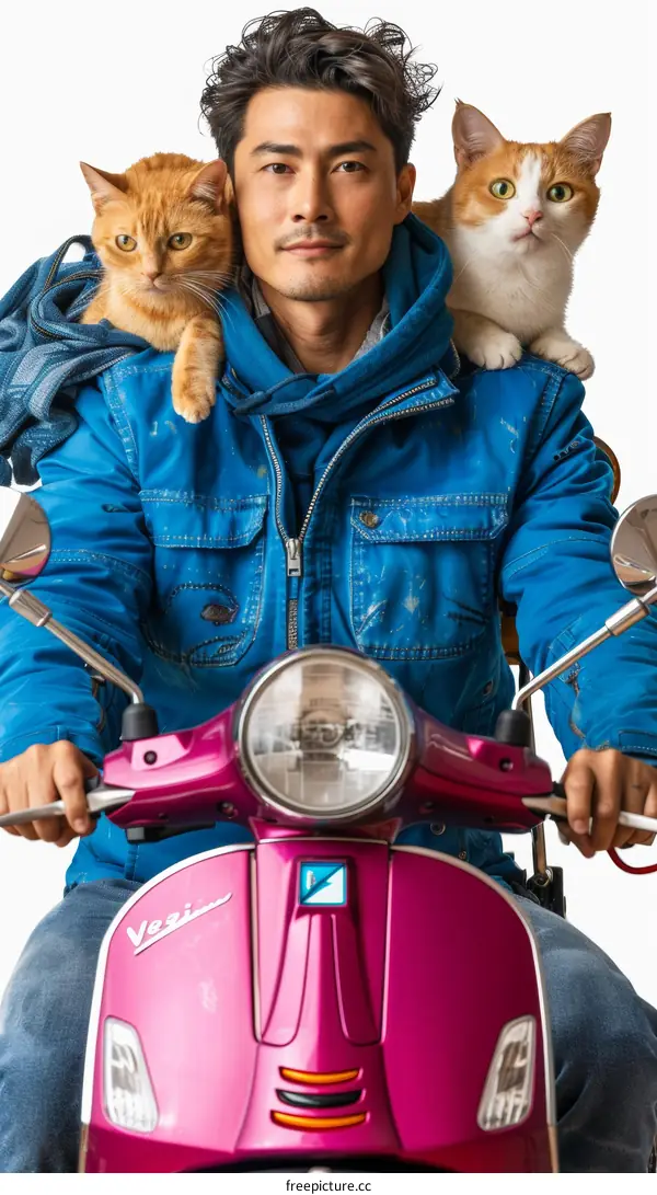 Man Riding Scooter with Cats on his Shoulders