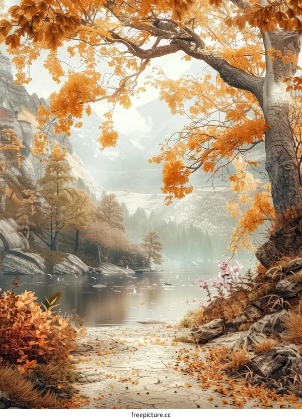 Colorful Autumn Leaves by the Lake