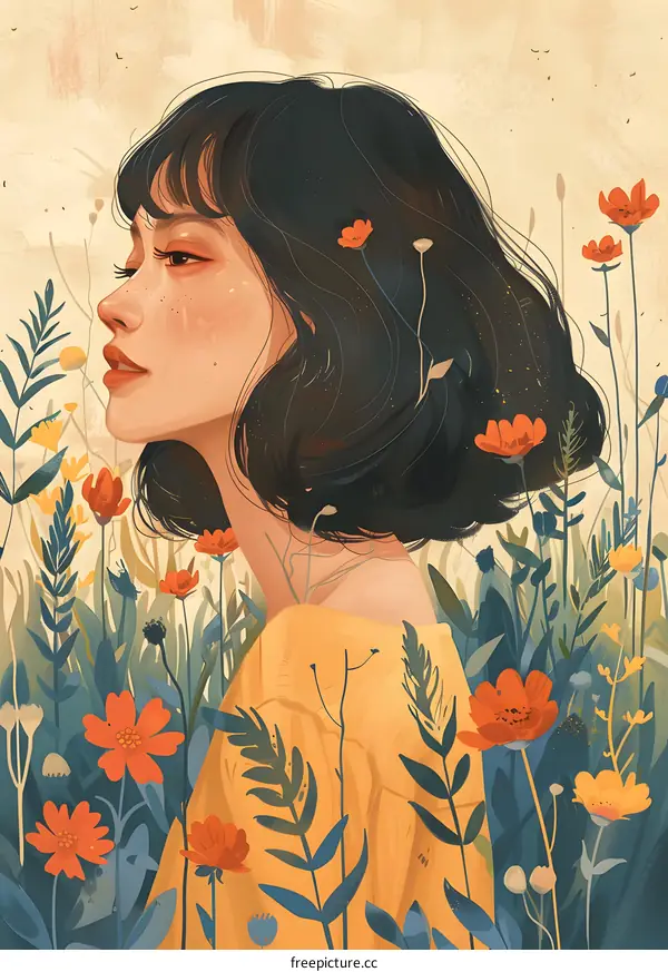 A girl with black hair standing in a field of flowers