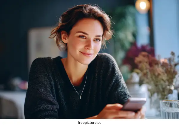 Woman using a smartphone in a cafe