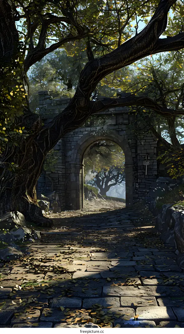 Stone Archway Pathway Through Forest