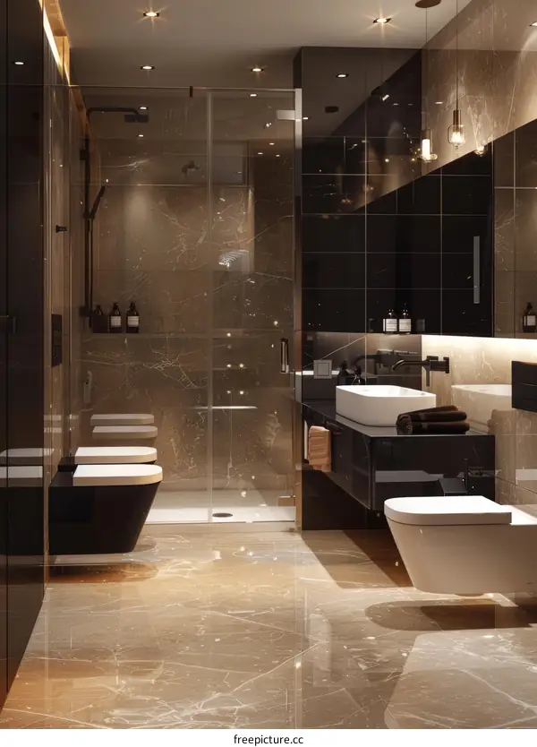 A modern marble bathroom