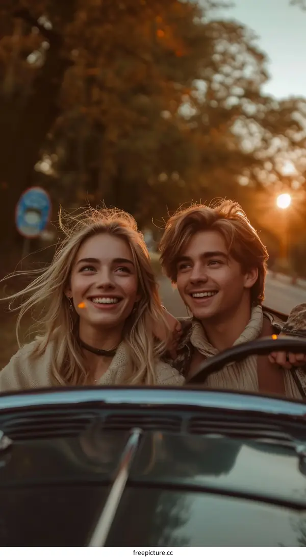 Young couple driving in a convertible at sunset
