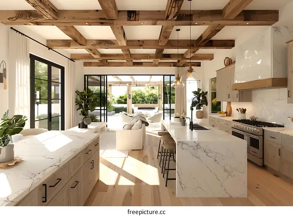 Modern Kitchen Design with Large Island and Wooden Beams