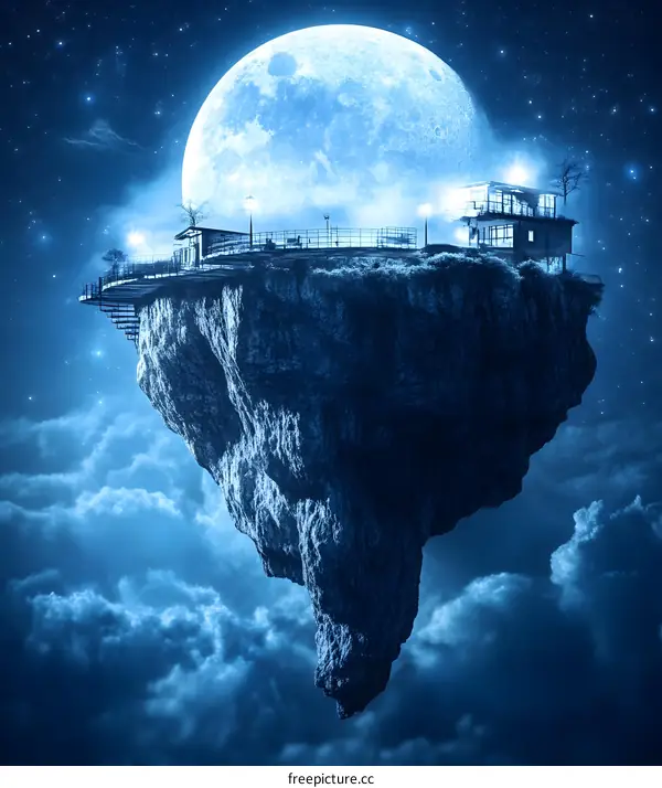 Floating Island With A House Under A Full Moon