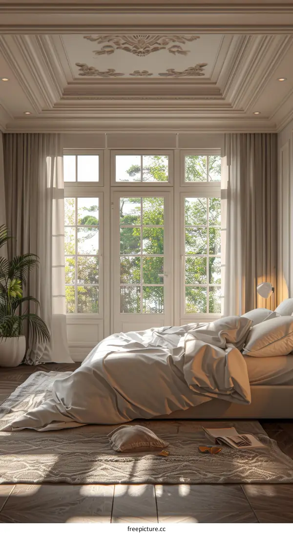 Spacious Beige Bedroom with Large Windows and Greenery