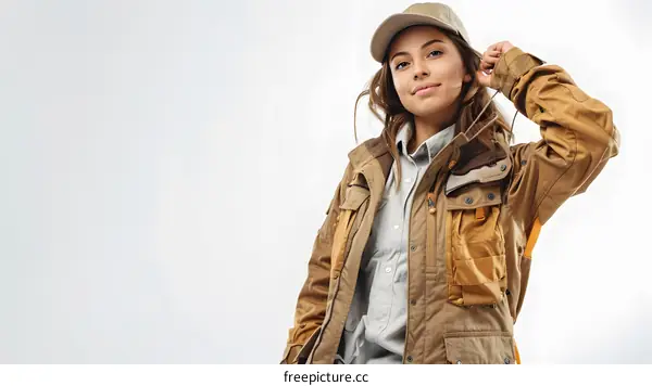 Young Woman Ready for Adventure in a Beige Jacket and Cap