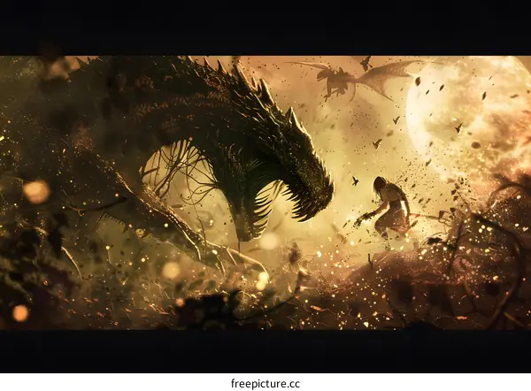 Dragon and Warrior Facing Each Other In A Fantasy Battle