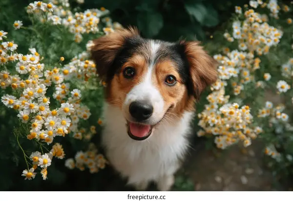 Smiling Dog Among Flowers in Garden