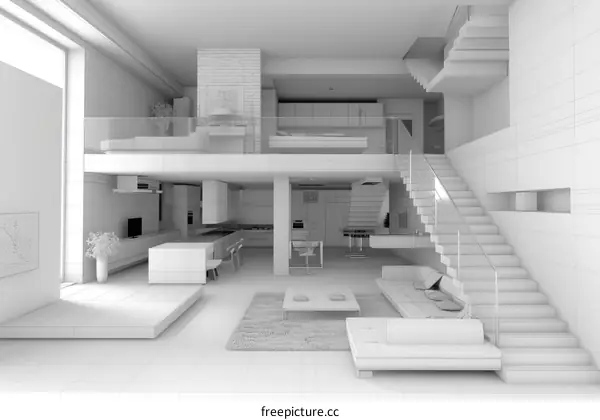 3D rendering of a modern loft apartment with a brick wall, mezzanine, and staircase
