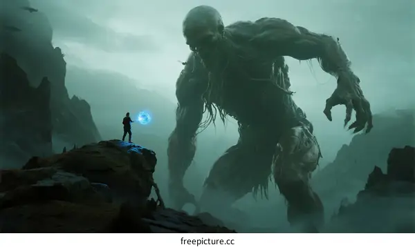 Giant Monster Standing Over Human Figure in Mysterious Mountain
