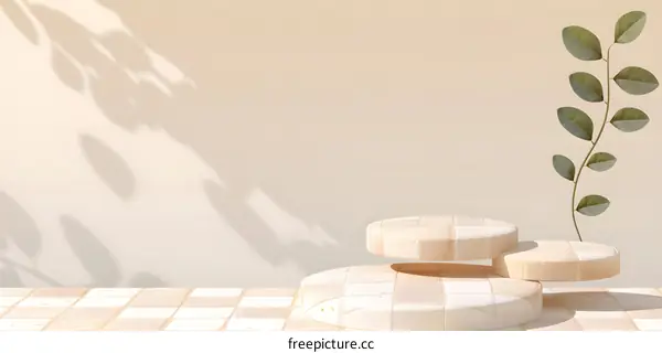 Beige Product Display with Leaves and Shadow