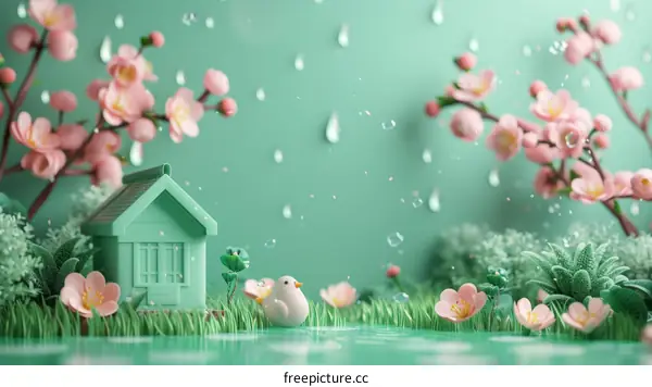 Green and pink 3D rendering of a house and flowers with a bird