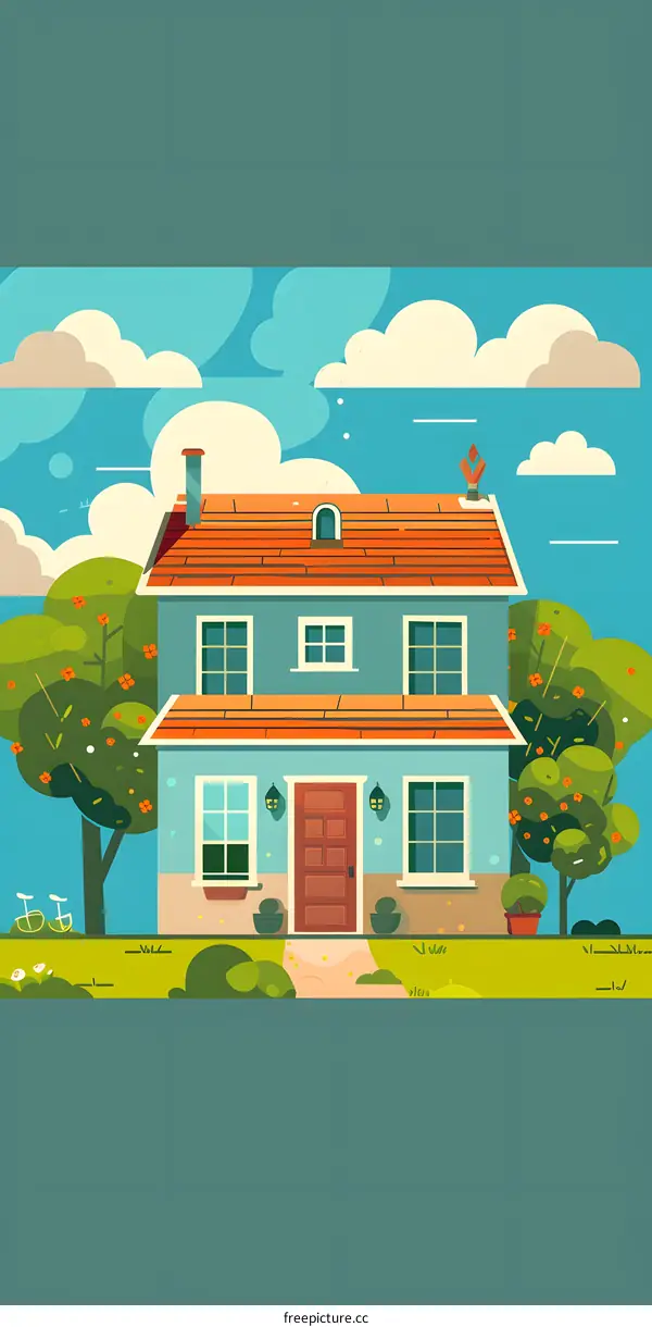 Cute Cartoon House with Green Trees and Blue Sky