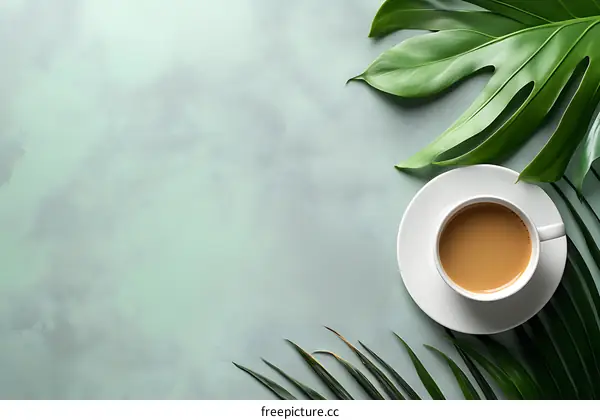 Coffee Cup With Tropical Leaves On Green Background