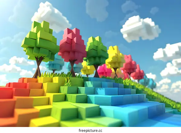 3D illustration of a rainbow landscape with pixelated trees and clouds