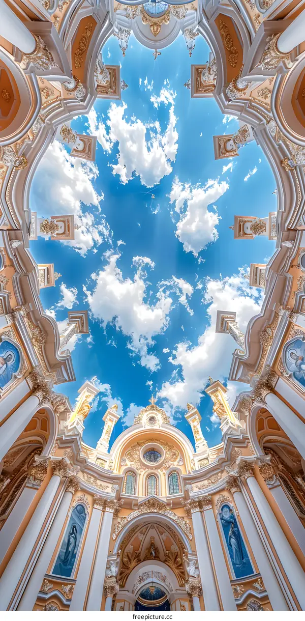 Looking up at the sky through the round dome of a church