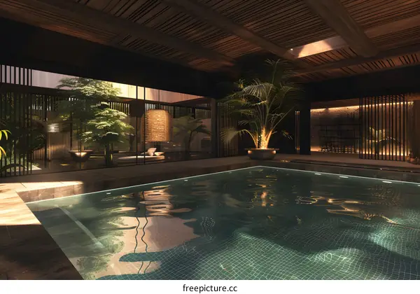 Modern Minimalist Pool Design with Palm Tree and Wooden Ceiling